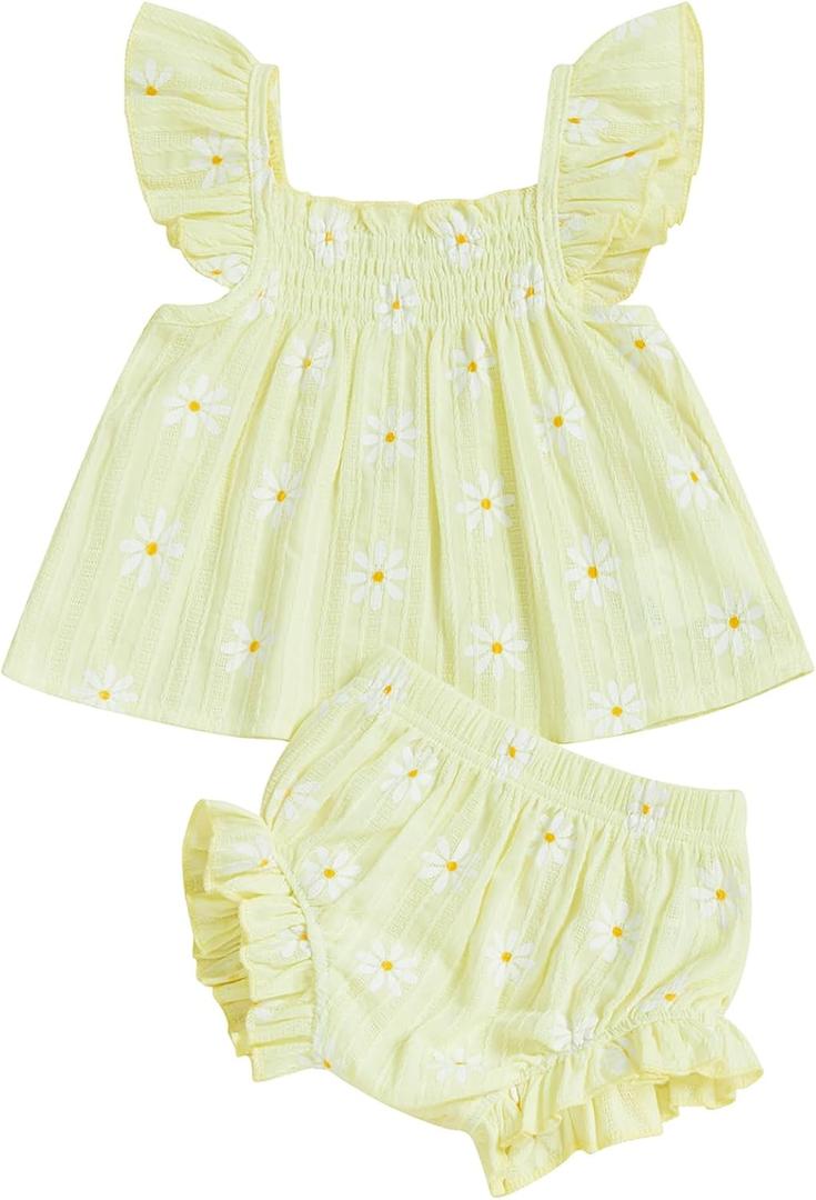 Mubineo Baby Girl Summer Clothes Cute Ruffle Tops Dress Shorts Outfits Set Infant Toddler Shrit Bloomers Princess Outfit (6-12 Months, Yellow Daisy)