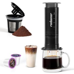 Ranbomer French Press Coffee Maker, 2-in-1 Single Serve K Cup Compatible, Portable Coffee Machine for Ground Coffee, Black, 10 Oz Capacity, for Camping, Travel