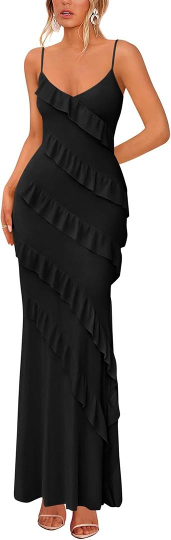 BTFBM Summer Dresses for Women 2026 Spaghetti Strap Bodcyon Solid Cocktail Wedding Guest Dress Fashion Clothing (Black) XS
