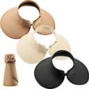 3 Pieces Women Foldable Straw Sun Visor Wide Brim Roll up Beach Hat with Bowtie Multicoloured