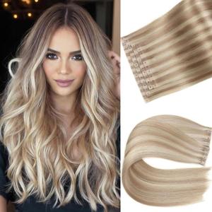 Invisiable Weft Human Hair Extensions Micro Ring PU Hair Extensions Glueless OVO Weft Human Hair Extension Ash Blonde Highlight 18/613 Invisible No Tape in Hair Extension for Women (30g 4Pcs,14 Inch)