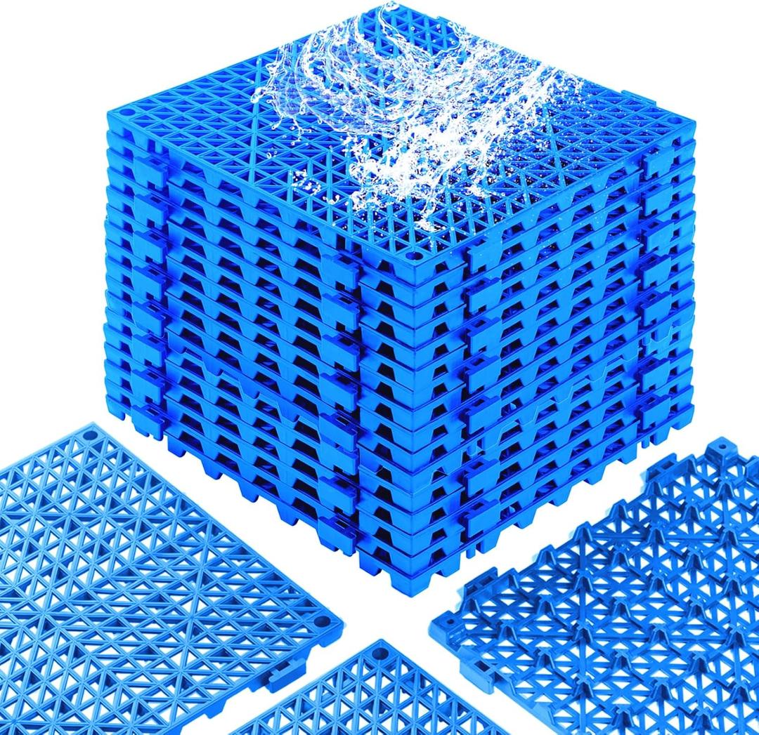 12x12 Drainage Interlocking Floor Tiles, 12 Pack Non-Slip Pool Deck Drain Tile for Flooring, Soft PVC Splicing Modular Cushion Mats, Blue Rubber Floor Tile with Hole for Shower Basement Garage Shed