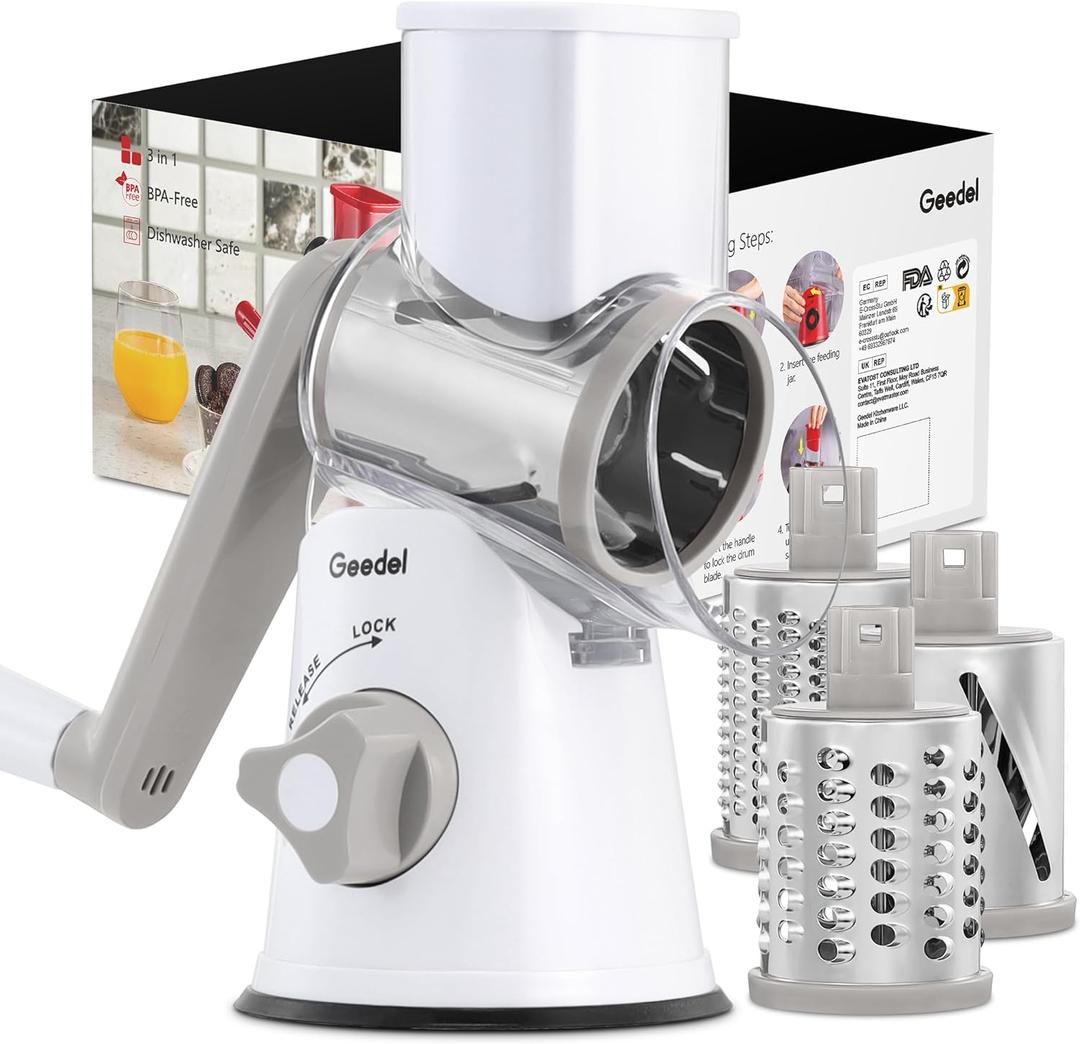 Geedel Rotary Cheese Grater, Kitchen Mandoline Vegetable Slicer with 3 Interchangeable Blades, Easy to Clean Rotary Grater Slicer for Fruit, Vegetables, Nuts (White)