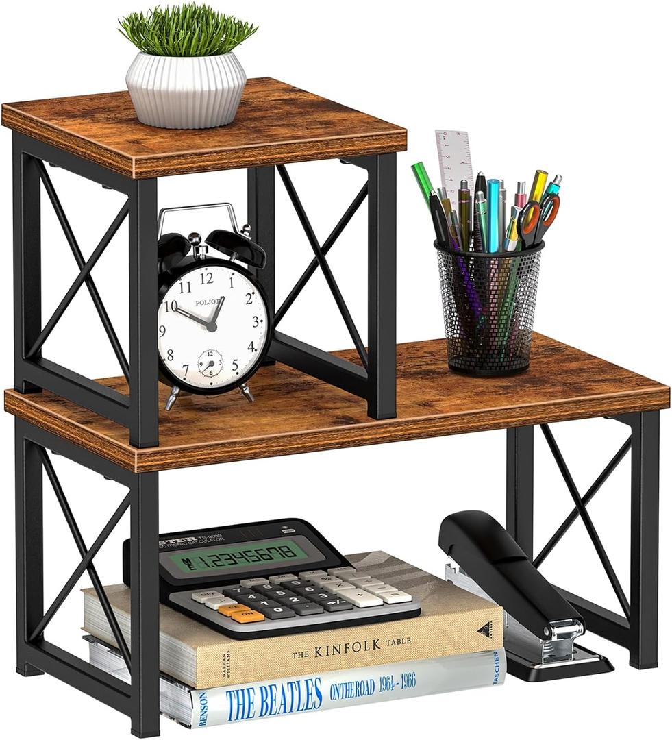 Honiter Desk Shelf Organizer, Desk Shelf for Top of Desk, 2 Tier Adjustable Small Bookshelf Organizer, Freestanding Stackable Desktop Stand, Kitchen Counter Display Rack, Rustic Brown (7.6in-1 Pack)