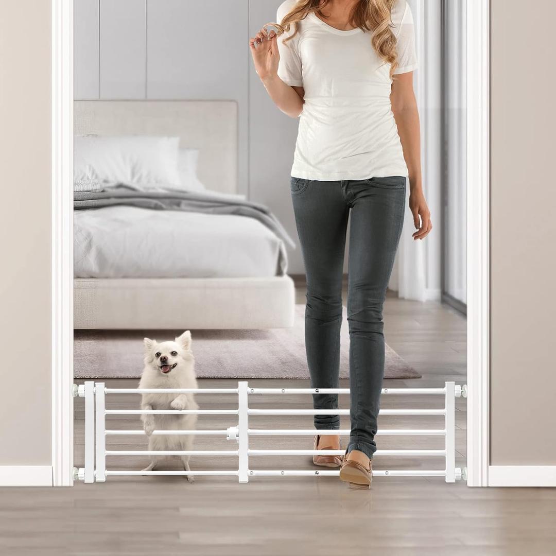 Malier Indoor Dog Gate with Door, 26-41" Extra Wide Full Metal Pet Gate Short Dog Gate for Stairs, Pressure Mount 10'' Tall Small Puppy Low Gate Easy Step Over for Doorways (10''H  26''- 41''W, White)