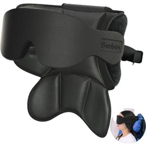 SARISUN Travel Pillows for Airplanes, Airplane Pillow with 3D Sleep Eye Mask, 360 Head Support, Stop Bobblehead Plane Travel Essentials, Adjustable Airplane Head Strap for Budget Airlines, Black