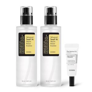 COSRX Snail 96% Mucin Power Essence 2ea & Retinol 0.1% Cream Mini Sample 1ea, Glass Skin Starter Set, Daily Hydrating & Firming Korean Skin Care Kit, Gift Set (3.43 Fl Oz (Pack of 2)