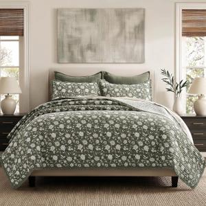 EverGrace Cotton Quilt Set Queen Size, 100% Cotton Reversible Lightweight Bedspread Coverlet, Vintage Floral Farmhouse Bedding, Traditional Botanical Quilt with 2 Pillow Shams, Sage Green 92"96"
