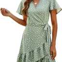Naggoo Women's Summer Wrap Dresses V Neck Polka Dot Print Ruffle Short Sleeve Mini Floral Boho Dress with Belt (08 Sage Green Dot Beige)