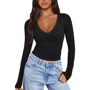 PINKMSTYLE Women Sexy V Neck Lace Long Sleeve Shirts Basic Fitted Double Lined Going Out Y2K Trendy Fall Tops Size M