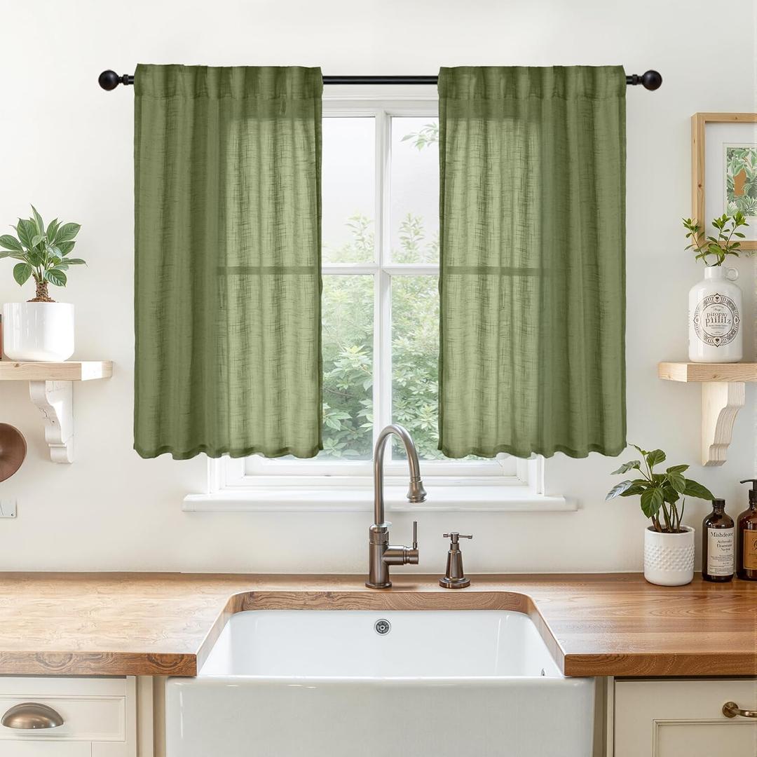 YoungsTex Green Linen Kitchen Window Curtains 40 Inch Length - Small Semi Sheer Drapes with Back Tab Rod Pocket Lightweight for Cafe Bathroom Windows, 2 Panels, 34 X 40 Inch