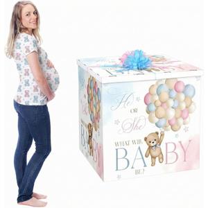 AmazingSpark 28in Jumbo Gender Reveal Gift Box Kit with Oversized Box Giant Pull Bows for Gender Reveal Baby Shower Birthday Party Decor(He or She Bear), 1 Count