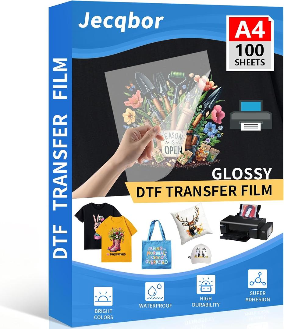 DTF Transfer Film Paper A4 100 Sheets, Premium Glossy Coating DTF Film, Double Sided PET Heat Transfer Paper, Quick Cold Peel Glossy Pattern, Photo Direct to Film Paper Sheets for T-Shirts Textile