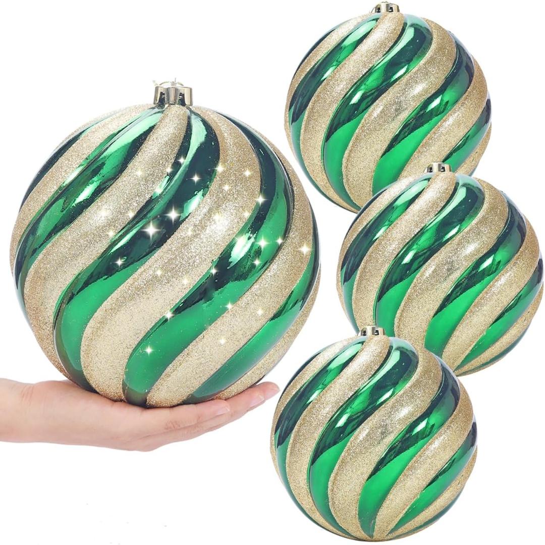 8 inch Extra Large Christmas Ornament Balls, 4 pcs Green and Gold Christmas Ornaments Shatterproof Giant Christmas Balls, Oversized Christmas Tree Baubles for Holiday Party Outdoor Decor