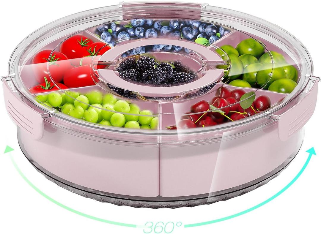 Divided Serving Tray with Lid and Handle, Large Snack Spinner, Snackle Box Container, Multi-Purpose Food Platter for Charcuterie Veggie Fruit, Taco Tuesday Movie Night Travel Beach Picnic Essentials (12" W-1pcs-6 Compartments, Pink)