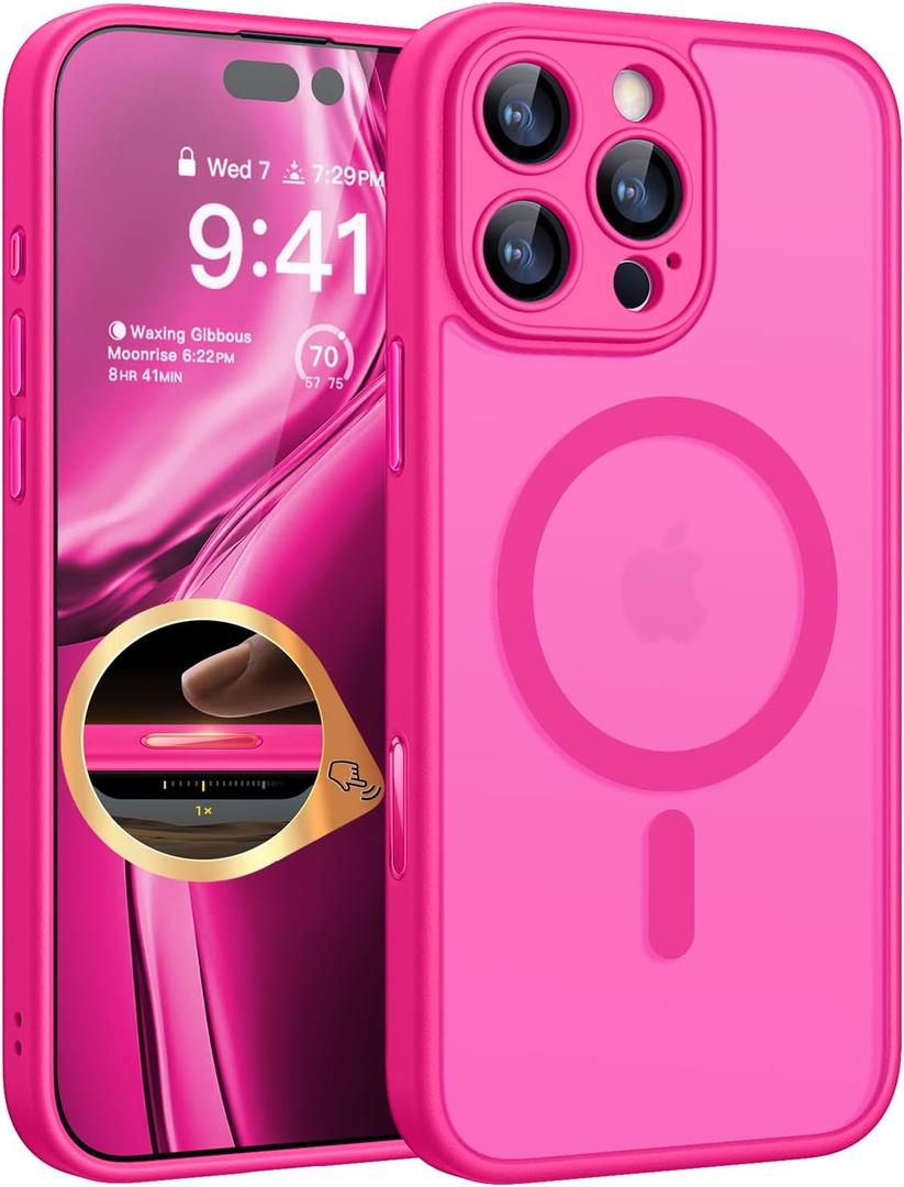 CANSHN Magnetic & Camera Control Compatible with iPhone 16 Pro Max Case, [Full Camera Protection] [Compatible with Magsafe] [Translucent Matte] Shockproof Protective Phone Cover 6.9 Inch - Hot Pink