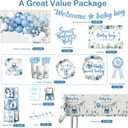 cocomigo 260PCS Baby Boy Baby Shower Decorations All-in-One Set with Baby Boy Balloon Arch, Tableware, Advice Cards, Cake Topper, Balloon Box, Backdrop, Sash, Corsage, Etc. Serves 20