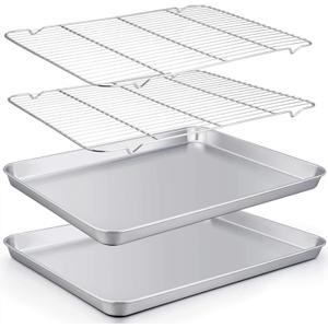 TeamFar Baking Sheet with Rack Set of 4, 20’’×14’’×1.2’’, Half Size Stainless Steel Cookie Sheet Baking Pans with Cooling Rack Set , Non Toxic & Rust Free, Mirror Finish & Easy Clean, 2 Pans & 2 Racks
