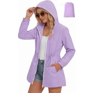 Zando Packable Rain Jacket Women Waterproof - Raincoat for Women Lightweight Hooded Outdoor Windbreaker for Travel Hiking (Purple, S)