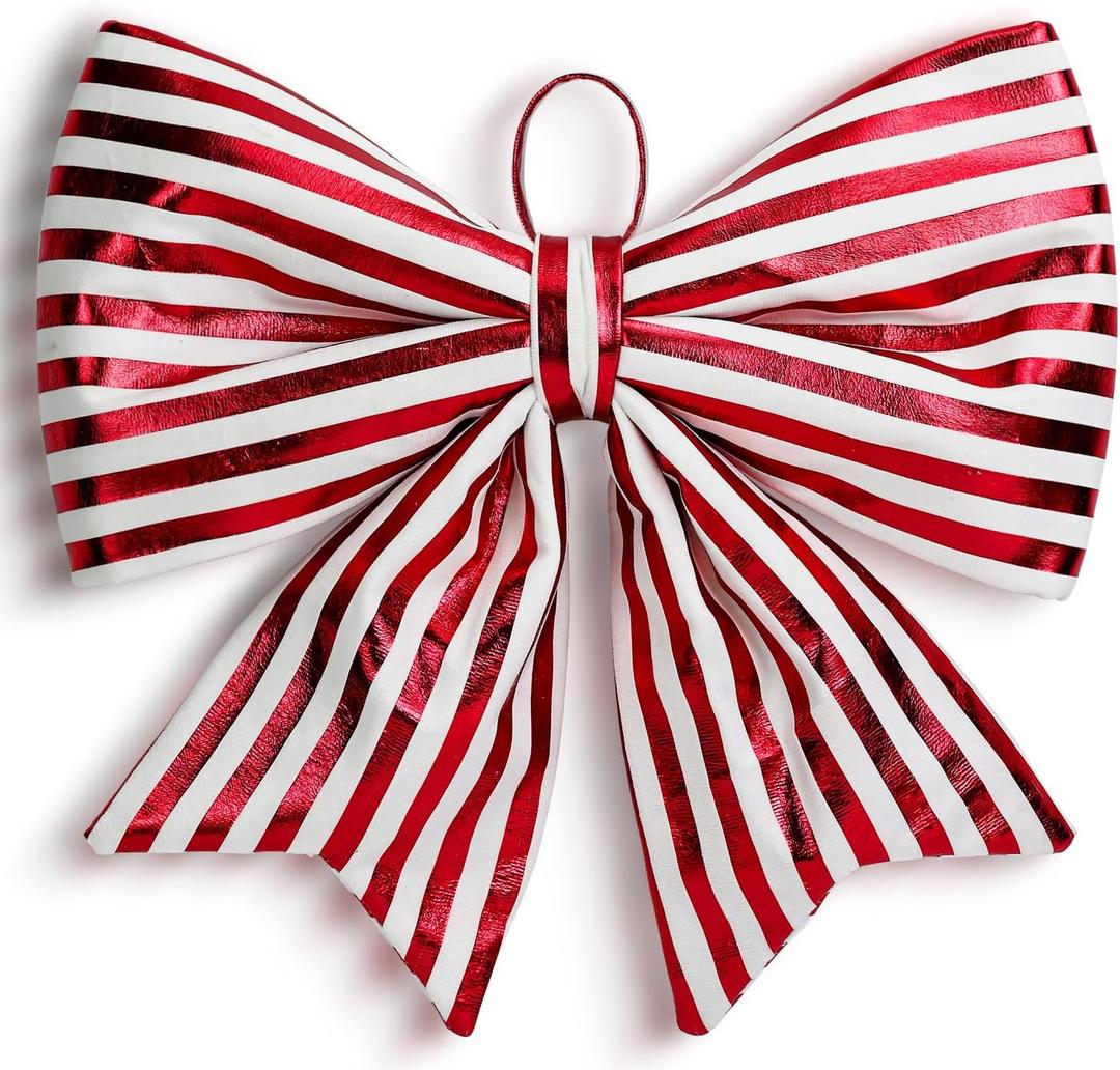 Christmas Tree Topper Bow,13.78 Inch Large Red and White Strip Wreath Bows Decorations for Xmas Front Door Window Home Decor (Red and White)