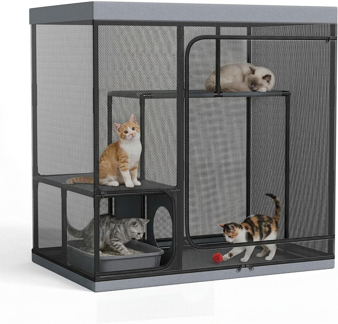 Catio Outdoor Cat Enclosure 50" High Cat Playpen for Multiple Cats, LitaiL 3-Tier Portable Cat House with Mesh Kitten Cats Tent, Outside Cat Cage with Perches for Patio Deck Balcony Large Cat Kennel