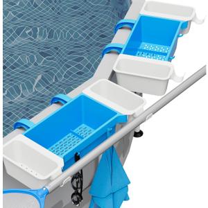 2025 2 Sets Poolside Storage Basket with 2 Cup Holder & Pole Hanger,Hold 12KG+,Toy Holder Storage for Towels Drinks Pool Accessories Bar for Most Frame Above Ground Swimming Pools