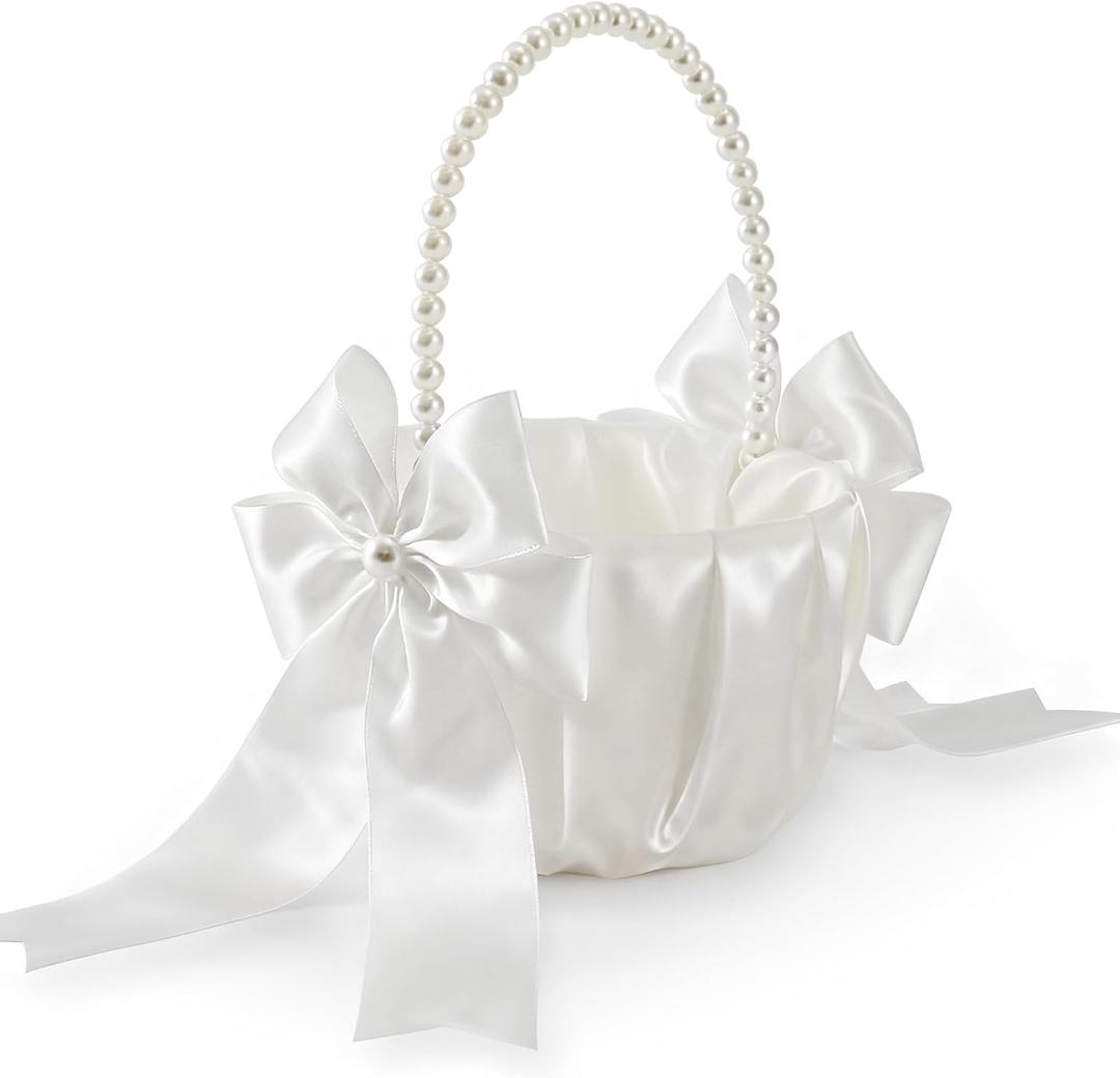 Happyiren Satin Wedding Flower Girl Basket - Elegant Pearl Handle with Bow Decoration, Ivory Color - 5.1" Diameter, Perfect for Flower Girls, Weddings, Bridal Showers, Proposals