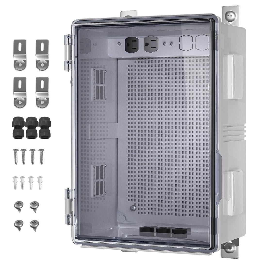 Waterproof ABS Enclosure Cabinet Junction Box, Ventilated Design, Indoor/Outdoor Use, with Mounting Panel, High Power Outlets. (Clear Cover, 19.7"x15.7"x7.9")