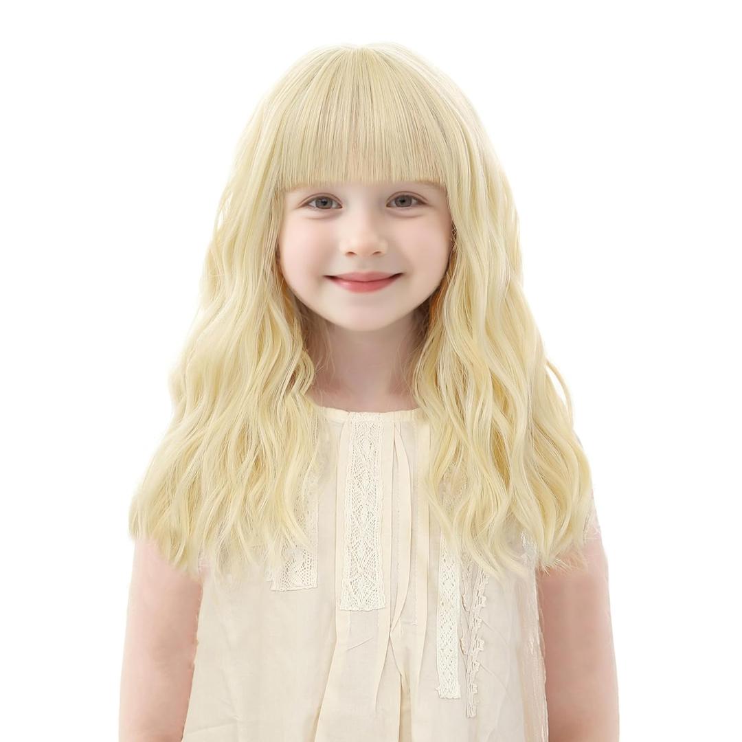 Kids Light Blonde Wig with Bangs 14 Inch Halloween Wigs for Kids Girls Wavy Hair Synthetic Wig with Upgraded Strands,Shoulder Length Wigs (14 Inch,Light Blonde)
