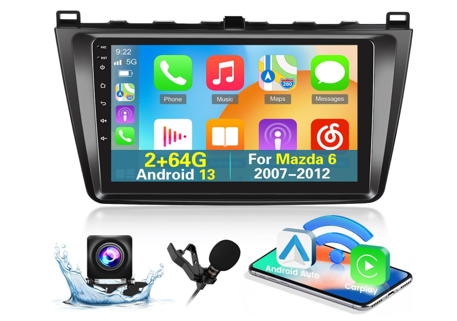 [2+64G] Android 13 Car Radio for Mazda 6 2007-2012 with Wireless Carplay and Android Auto - 9 Inch Touch Screen Car Stereo - Multiple UI Themes/GPS/WiFi/SWC + AHD Backup Camera 