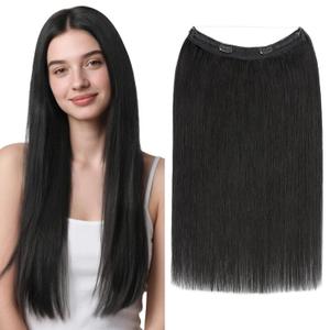 MY-LADY Halo Hair Extensions Real Human Hair for Women Jet Black Clip in Remy Hairpiece with Adjustable Invisible Wire 22 Inch 100G