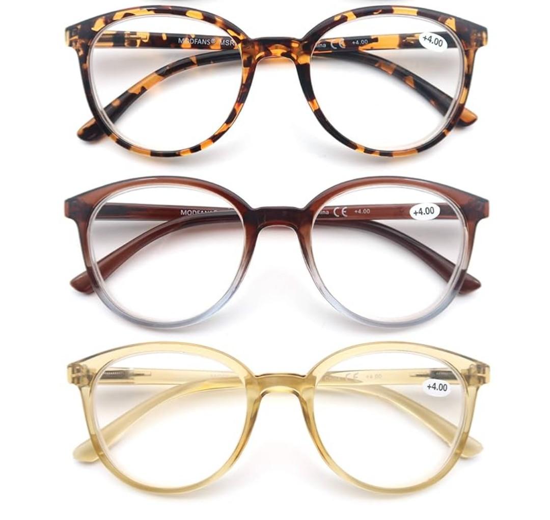 MODFANS Women Reading Glasses Pack of 3 Large Round Frame Readers Spring Hinges with 3 Pouch +2.75