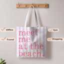 Beach Tote Bag, Summer Canvas Striped Tote Bags for Women, Meet Me At The Beach Aesthetic Shopping Bag (Pink&purple)