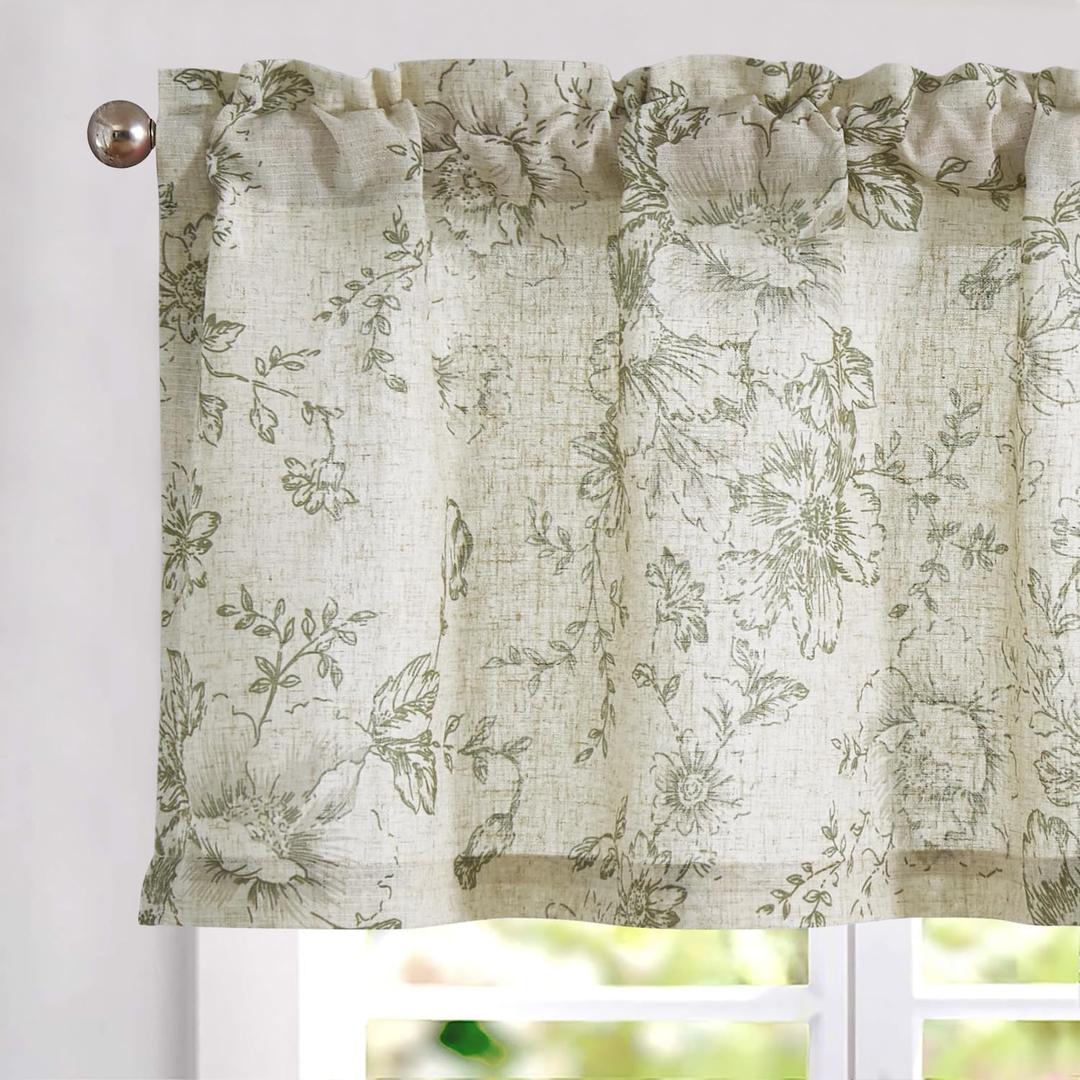 Linen Valance Curtain Farmhouse Sage Green Floral Window Valance for Bedroom, 16 Inch French Country Flower Drapes for Kitchen Light Filtering Window Treatments Rod Pocket 1 Panel