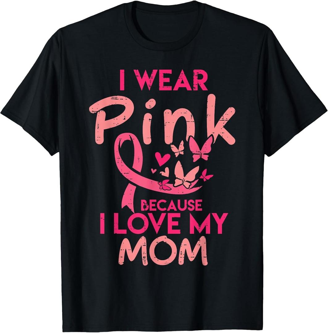 I Wear Pink I Love My Mom Kids Breast Cancer Awareness Boys T-Shirt Medium, Black)