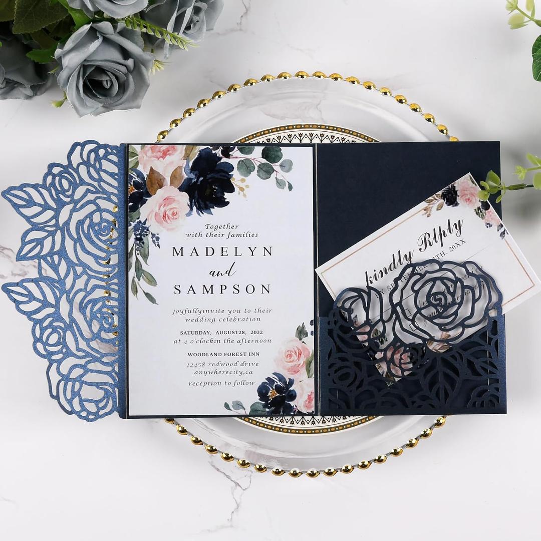 50pcs 250GSM Tri-Fold Wedding Invitations with Envelopes and RSVP Cards Laser Cut Hollow Wedding Invitation Kit for Engagement Bridal Shower Party Invite 5X7 Inch Navy Blue