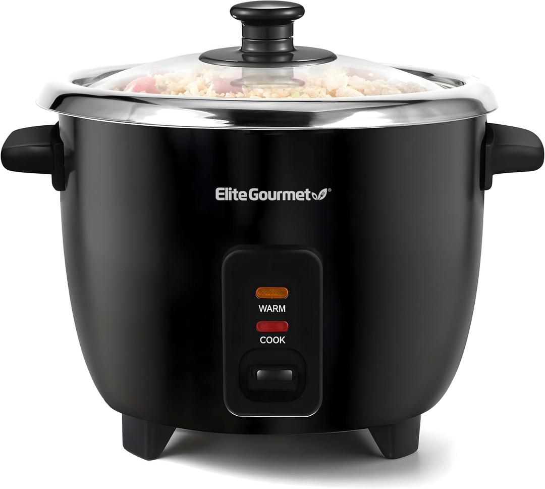 Elite Gourmet ERC006SS 6-Cup Electric Rice Cooker with Stainless Steel Inner Pot, Makes Soups, Stews, Porridges, Grains and Cereals, 6 cup (3 cups uncooked), Black
