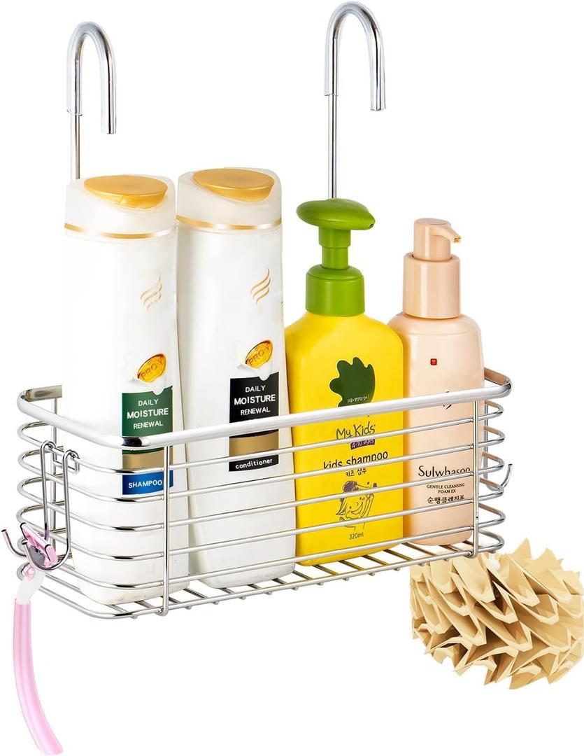 YQh hanging shower rack, bathroom storage rack, shampoo bracket, the back hook can be rotated, and can be hung on the faucet or Claw foot bathtubcross bar, 304 stainless steel rust proof and durable (single layer shelf)