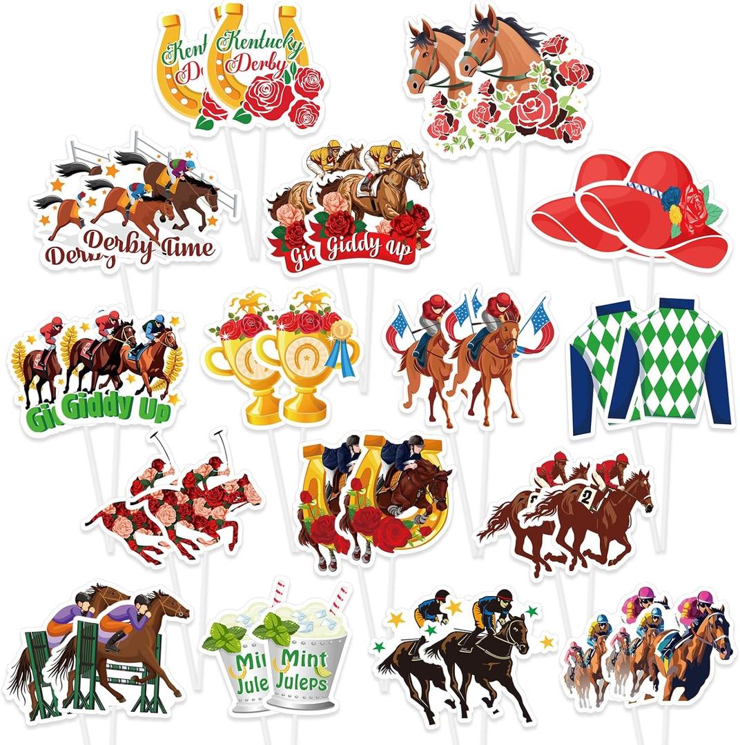 HOWAF Kentucky Party Derby Day Cupcake Toppers Decorations, 32pcs Horse Racing Cake Toppers Derby Day Party Supplies Horse Cupcake Toppers for Run for the Roses Supplies Double-Sided