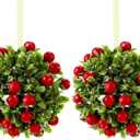 WILLBOND 2 Pieces Christmas Mistletoe Hanging Ornaments 5 Inches Mistletoe Kissing Ball Artificial Door Decor Pendants Green Leaves Red Berries Ornament Ball for Christmas Home and Party Supplies