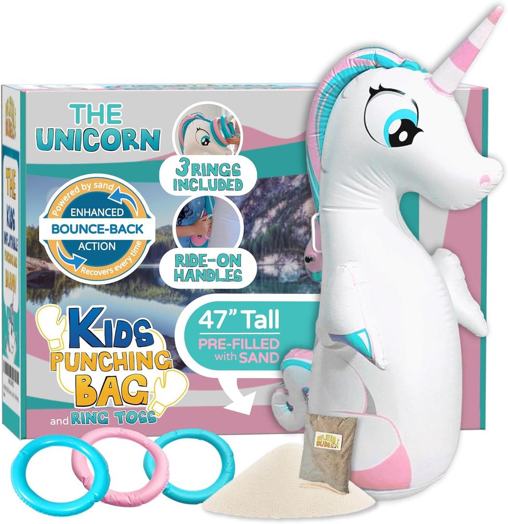 INFLATABLE DUDES Unicorn Toy 47 Inches- Kids Punching Bag| Already Filled with Sand | Bop Bag | Unicorn Ring Toss with 3 Inflatable Rings| | Unicorn Party Decorations| Punching Bag for Kids (Unique)
