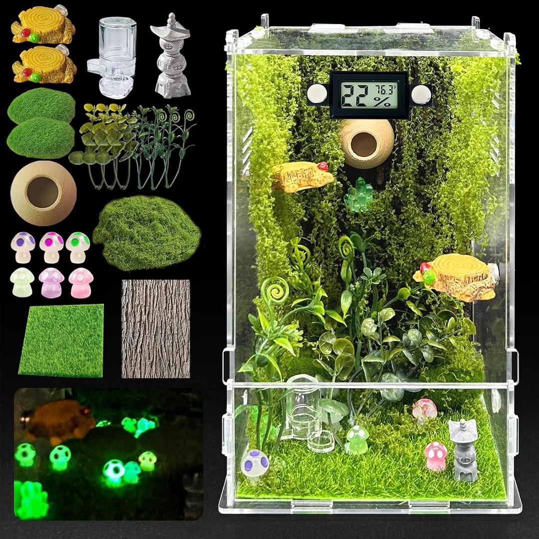 Jumping Spider Enclosure,DIY Insects Habitat,Small Reptile Terrarium Glass House Accessories Set,with Temperature and Humidity Detector Water Feeder Platform Hide,5.5x5.5x9.5 (Forest)