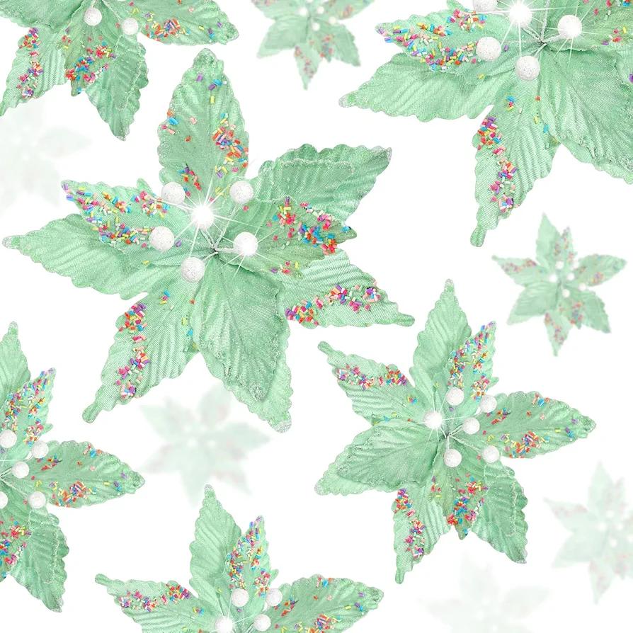 Norme 18 Pcs 3 Size Velvet Christmas Poinsettia Flowers Glitter Artificial Poinsettia Flowers with Stems Christmas Tree Ornaments for Xmas Tree Wreath Wedding New Year Holiday Decor(Macaron Green)