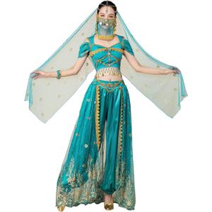 Women's Aladdin Jasmine Princess Dress Up Party Belly Dance Halloween Performance Costumes Cosplay Outfits (Medium, 012-dark Green)