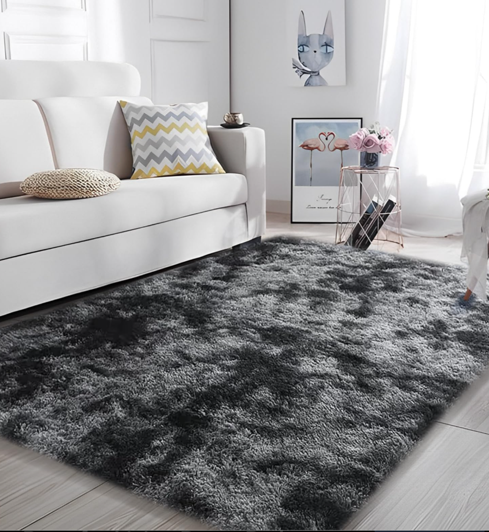 AIMECO Area Rugs for Living Room Bedroom, 4X6 Ft Shag Fluffy Rug Black Carpet ，Machine Washable Indoor Carpet for Kids Girls and Boys, Dorms, Nursery Rooms,Room Decor Aesthetic,Tie-Dyed Dark Grey