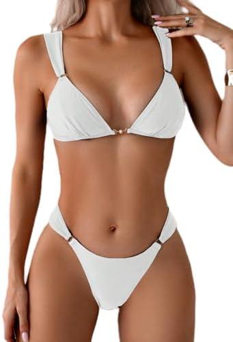 QJQ Women's 2 Piece Cheeky Bikini Sets Tie Back Ring Linked Brazilian Swimsuit Sexy Triangle Bathing Suit, L