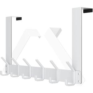evory Over The Door Hook Rack,6 Hanger Hooks for Clothes Towels Coat ，Foldable Over Door Coat Rack for Bathroom(White)