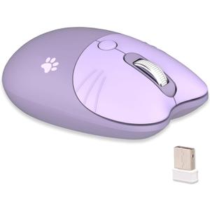 Lomiluskr Cute Cat Wireless Mouse, Lightweight Soundless Mice, 2.4G Wireless Mice, Candy Colors, Kawaii Mouse for Girls and Kids (Purple)