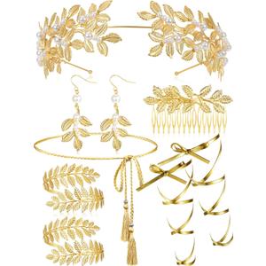 Cindeer 8 Pcs Greek Goddess Costume Accessories Set for Women Leaf Crown Headband Upper Arm Cuff Bracelet Leaf Dangle Earring