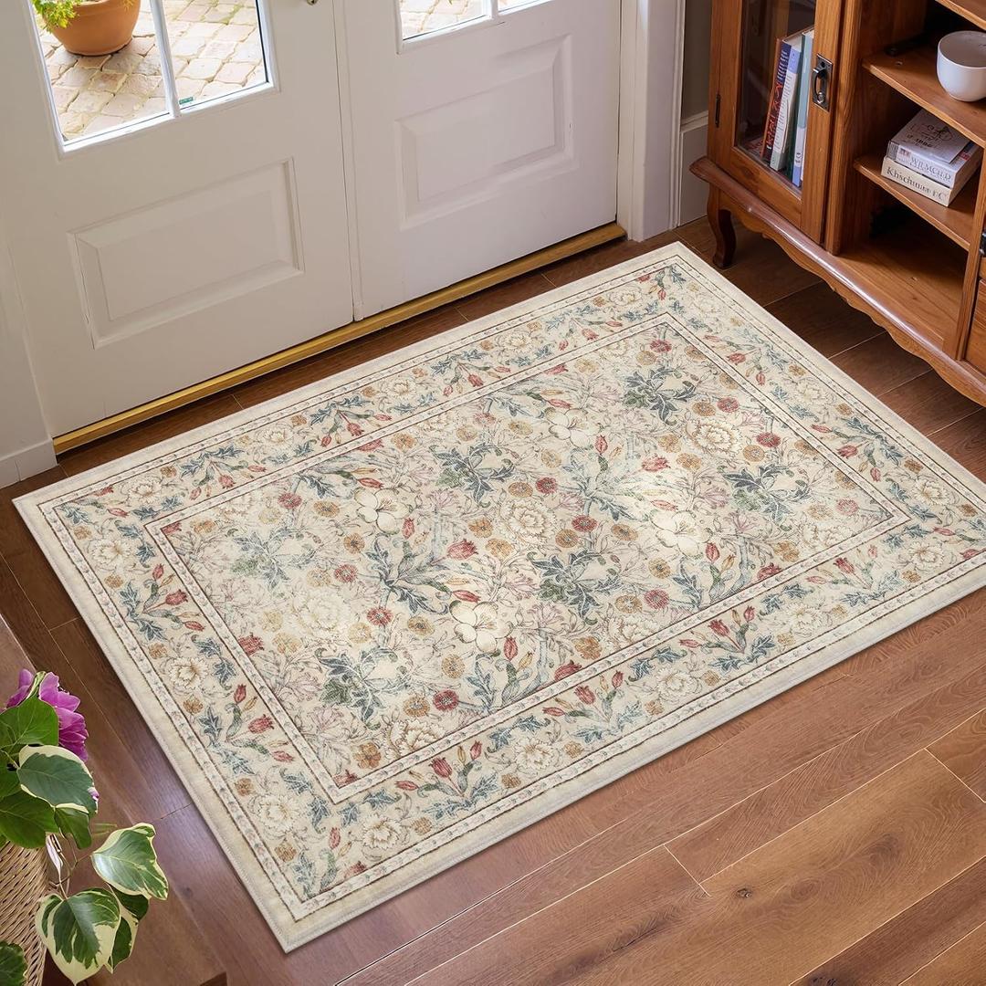 GarveeHome Small Beige Entryway Rug, 2x3 Washable Front Door Rug Indoor Entrance Floral Carpet Non-Slip Low Pile Throw Rugs for Kitchen Floor, Powder Room, Entry, Bathroom, Kids Room